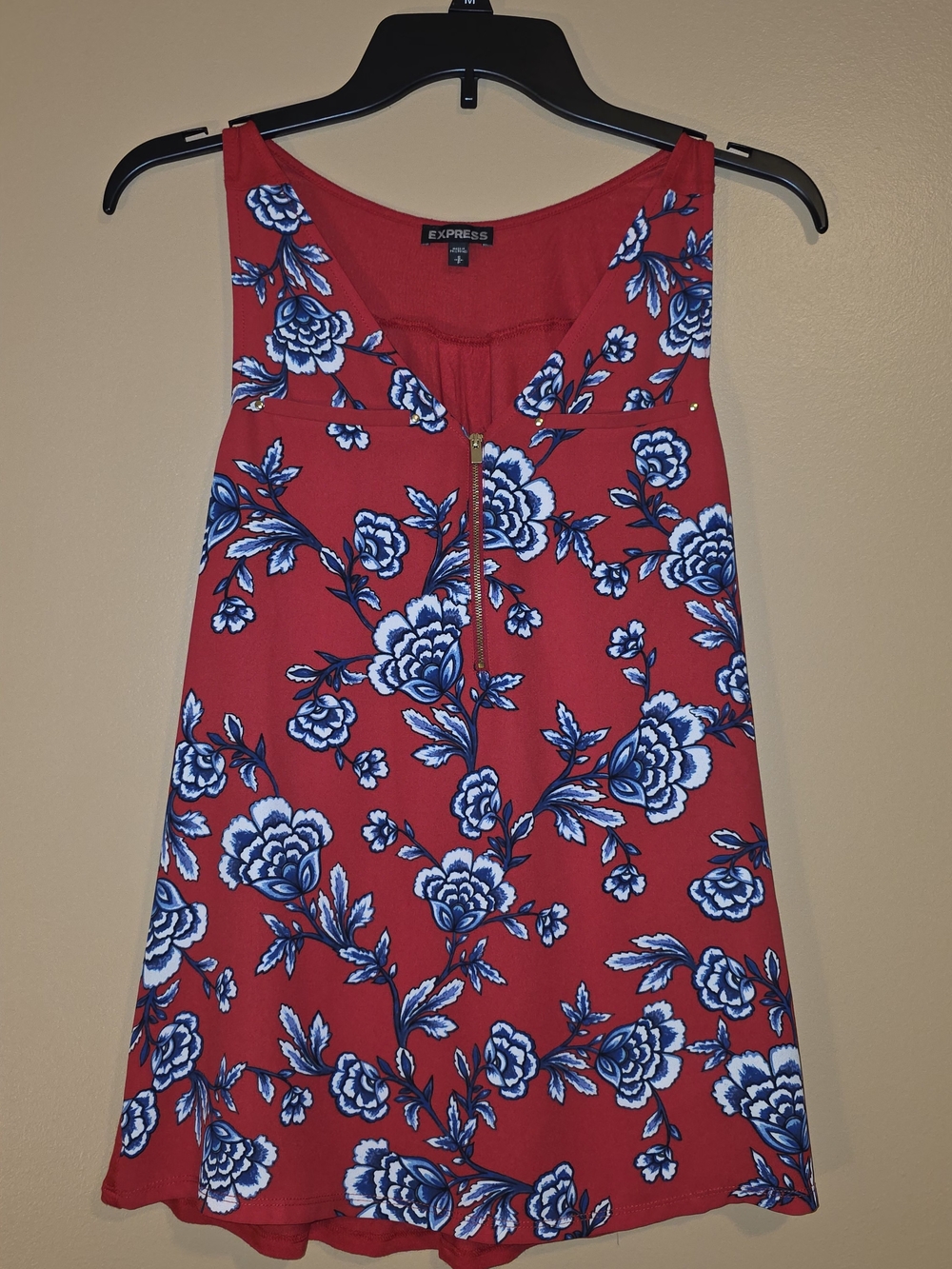 Express Red Floral Zip Tank with Blue and White Blooms